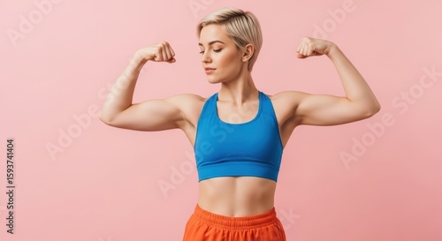 Athletic woman flexing strong biceps and showing toned arm muscles in sportswear