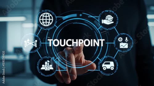 Man Interacting with Digital Touchpoint Interface in Dark Shirt and Blurred Office Environment with Illuminated Glowing Blue Circles and Icons