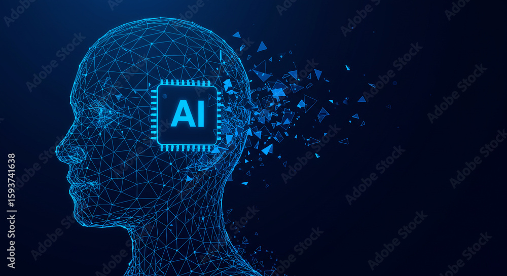 Obraz premium Artificial intelligence concept with a digital human head and AI chip, showcasing technology, innovation, and the future of computing.