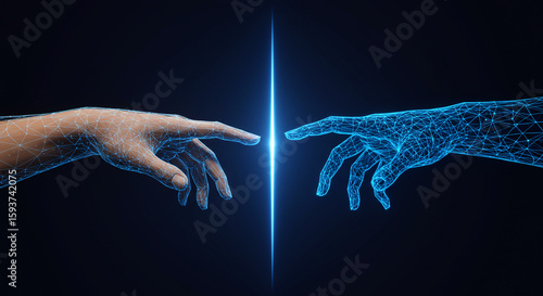 Digital hands reach out in a technological creation concept, featuring a glowing connection and representing innovation and futuristic design.
