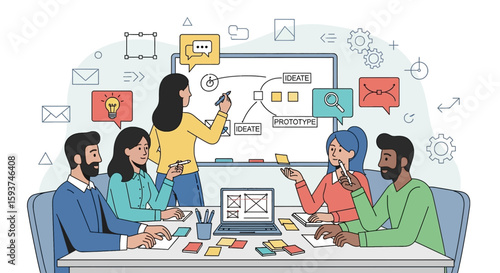 Collaborative office setting featuring professionals brainstorming and ideating during a strategic meeting, using whiteboard and laptops.