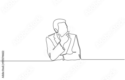 Continuous one line drawing of businessman thinking with his hand on his chin,  Man pose thinking in single line draw illustration, Editable stroke.