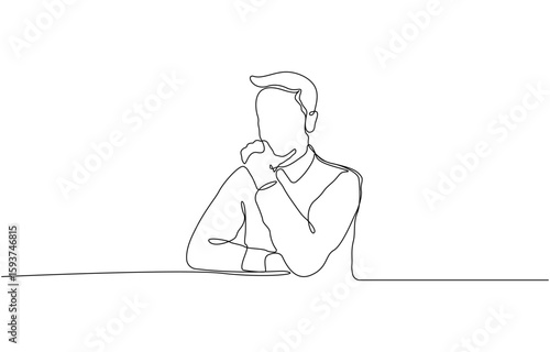 Continuous one line drawing of businessman thinking with his hand on his chin,  Man pose thinking in single line draw illustration, Editable stroke.