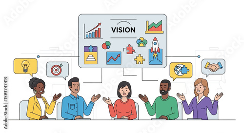 Diverse team discusses company vision, brainstorming ideas with charts, graphs, and business strategy icons.