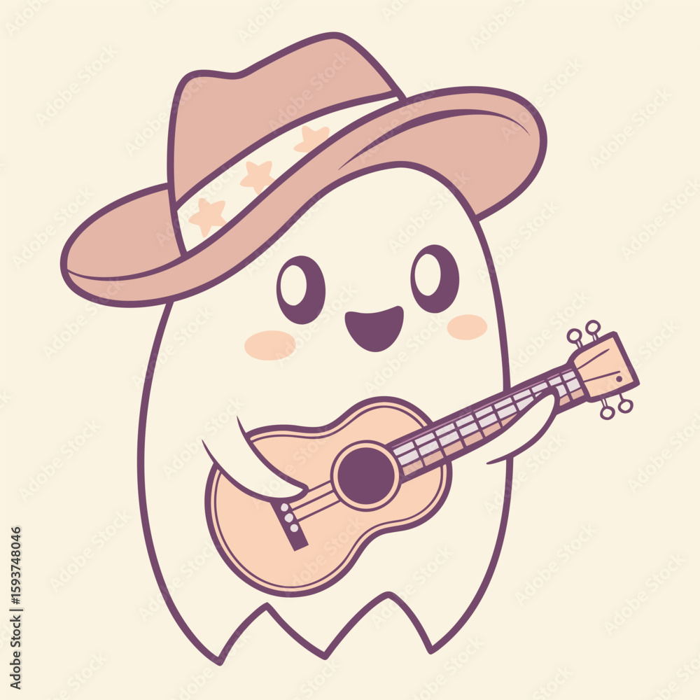 Naklejka premium Adorable Ghost Musician in Cowboy Hat Playing Ukulele