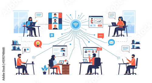 Teamwork illustration with diverse people remotely connecting via video conference, collaboration, and online communication network.