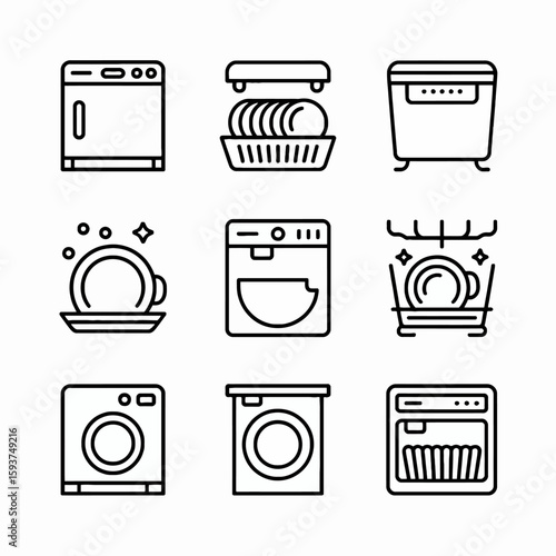 Collection of dishwasher and dish rack icons isolated on white background