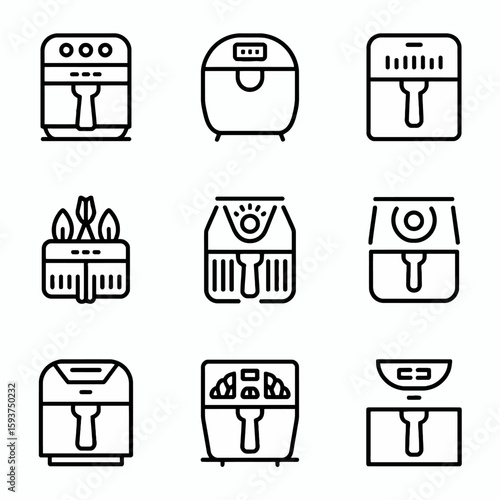 Collection of air fryer icons isolated on white background