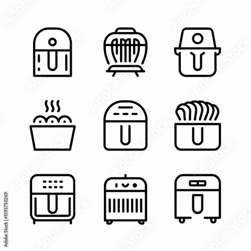 Collection of air fryer icons isolated on white background