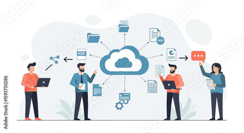 Cloud computing illustration presents data sharing, file management, and collaboration among business people using laptops.