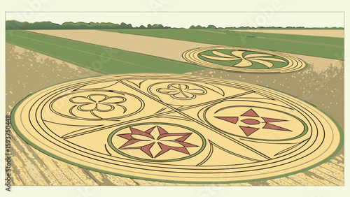 Mysterious crop circles formation in field art design geometric patterns aerial view landscape with unique formations