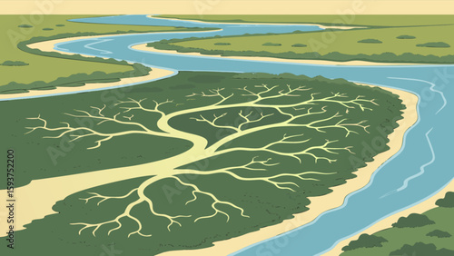 Scenic river landscape illustration with winding river, green vegetation, and tree like pattern design art