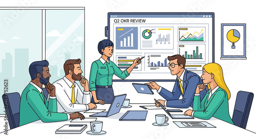 Business team collaboration with data analysis on screen in a meeting, showcasing presentations and teamwork for corporate success.
