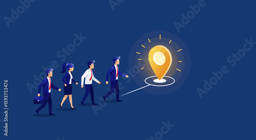 Business team is following a pinpoint towards a goal, representing teamwork, leadership, and achieving goals for business and professional growth.