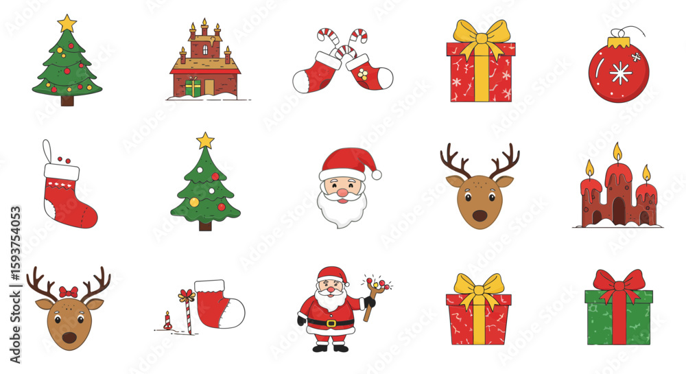 Naklejka premium Festive Christmas design with trees, Santa, gifts, reindeer, and ornaments, perfect for holiday cards and seasonal greetings.