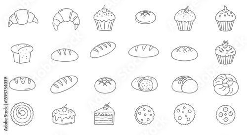 Variety of bakery items design for menu, branding, and backgrounds showing croissants, bread loaves, cakes, and muffins in a minimal style.