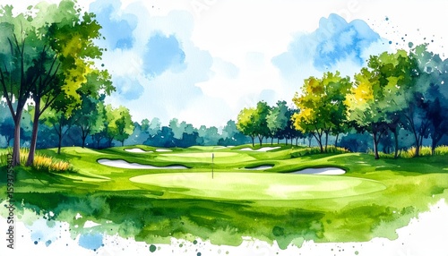 Tranquil watercolor artwork of a beautiful golf course landscape with lush greenery and a clear blue sky above