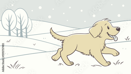Cartoon golden retriever dog running in winter snow scene illustration for kids and children learning material