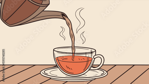 Pouring hot tea from teapot into glass cup on wooden table for a relaxing afternoon break time 100