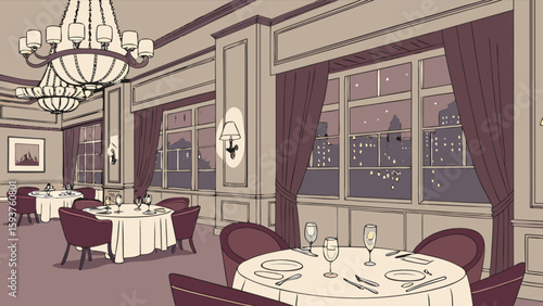 Elegant restaurant interior with city view, dining tables, chandeliers, and formal setting illustration