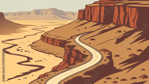 Illustration of scenic desert road trip through grand canyon national park landscape adventure travel destination