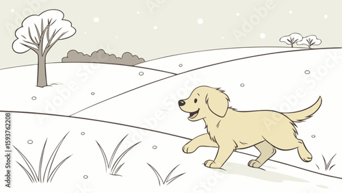 Golden retriever puppy playing in the snow winter landscape illustration for kids and family fun activities