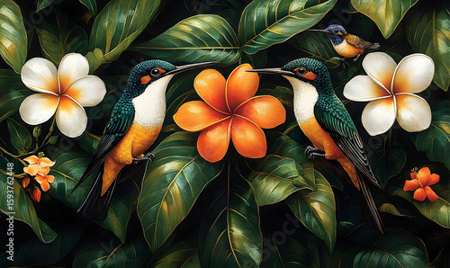 Birds amidst lush, green foliage, accented by white and orange plumeria blooms, painted in vivid, painterly strokes