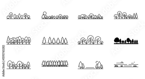 Collection of twelve distinct tree line illustrations depicting various forest types and arrangements