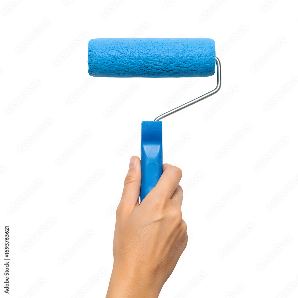 Obraz premium Hand Painting with Blue Roller Brush, Isolated on White or Transparent Background