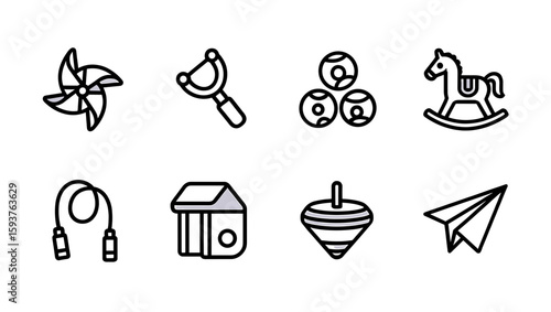Eight line art icons depicting a pinwheel, slingshot, marbles, and a rocking horse toy set up in rows