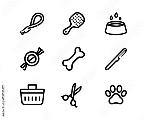 Collection of pet care items including leash, brush, bowl, treat, bone, nail file and more icons