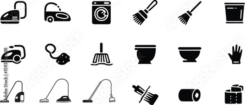 Collection of household cleaning tools and appliances icons