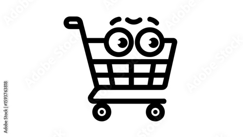 Cartoon shopping cart with large eyes and worried expression in a minimalist vector style image