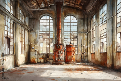 A dilapidated factory hall with huge windows and aging machinery exhibits weathered and rusty textures inside