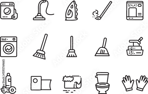 Hand drawn cleaning supplies and appliances icons set