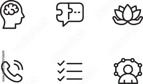 Set of six icons representing mental health and well being concepts