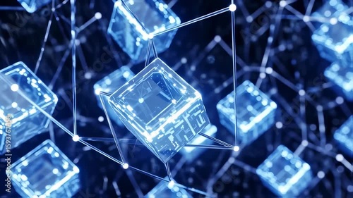 Abstract Network: Glowing Blue Cubes Connected by Lines - Digital Data Flow