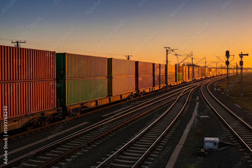 Fototapeta premium Cargo Train at Sunset: Colorful Containers on Tracks Under Golden Sky