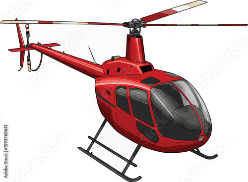 A red helicopter is depicted in a detailed vector illustration, showcasing its rotor blades, landing skids, and cockpit.
