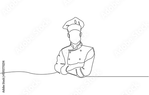 Continuous line drawing of a male chef in uniform illustration, Professional chef continuous one line drawing. Chef wearing uniform and chef hat in single line art vector illustration.