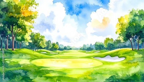 Beautiful sundrenched golf course with verdant grass and tranquil pathway beneath fluffy clouds and clear skies