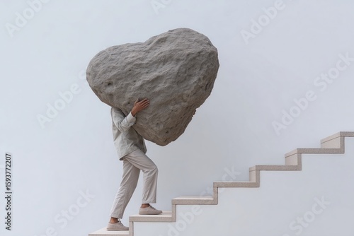 A person physically carries a heavy stone heart while doing daily tasks. This image is a poignant, literal interpretation of the burden of grief, sadness, and depression