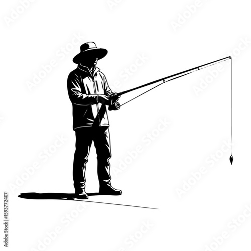 Minimalist black and white lineart illustration of a man fishing