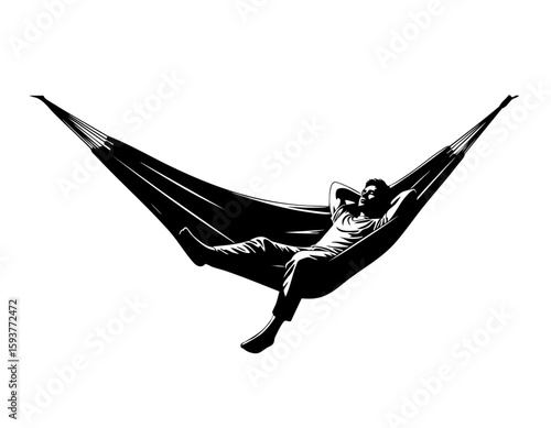 Minimalist black and white lineart illustration of a man relaxing in a hammock