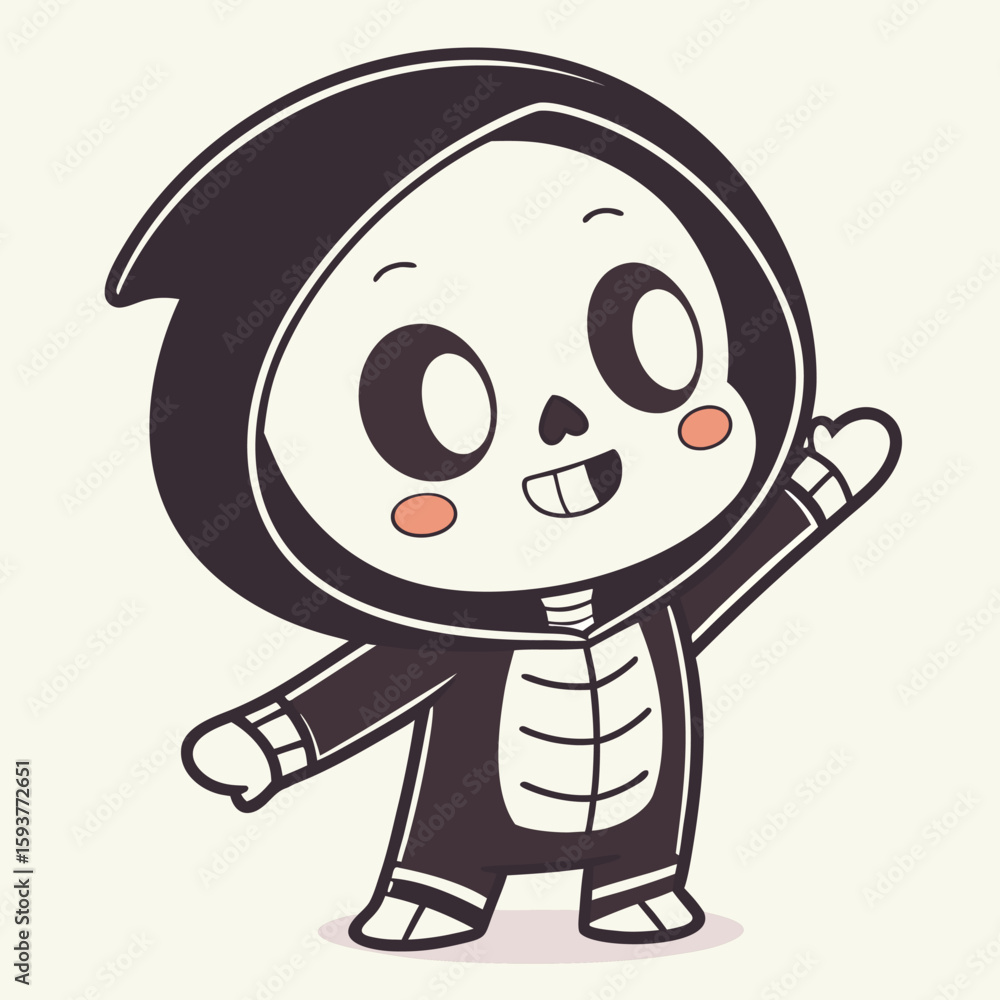 Fototapeta premium Adorable Skeleton Character Waving Hello With Cute Chibi Grim Reaper Style