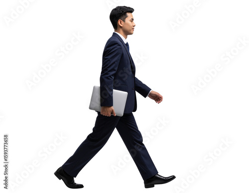Businessman Holding Laptop While Walking, Side View, Transparent Background