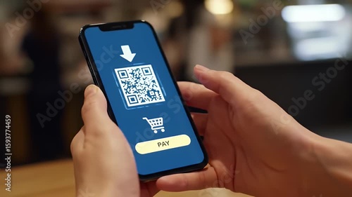 Close Up Of Person Using Smartphone With A Qr Code For Payment On Blue Screen With Finger Tap and Blurred Background