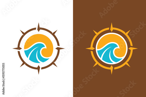 Wave Summer Logo with Compass Frame Circle Business Tour Travel Beach Outdoor Resort