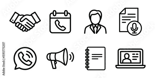 Business Communication Outline Icons: Meeting, Call, Marketing, and Office Symbols