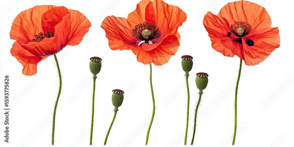 Obraz premium Four vibrant orange poppies with seed pods on white background